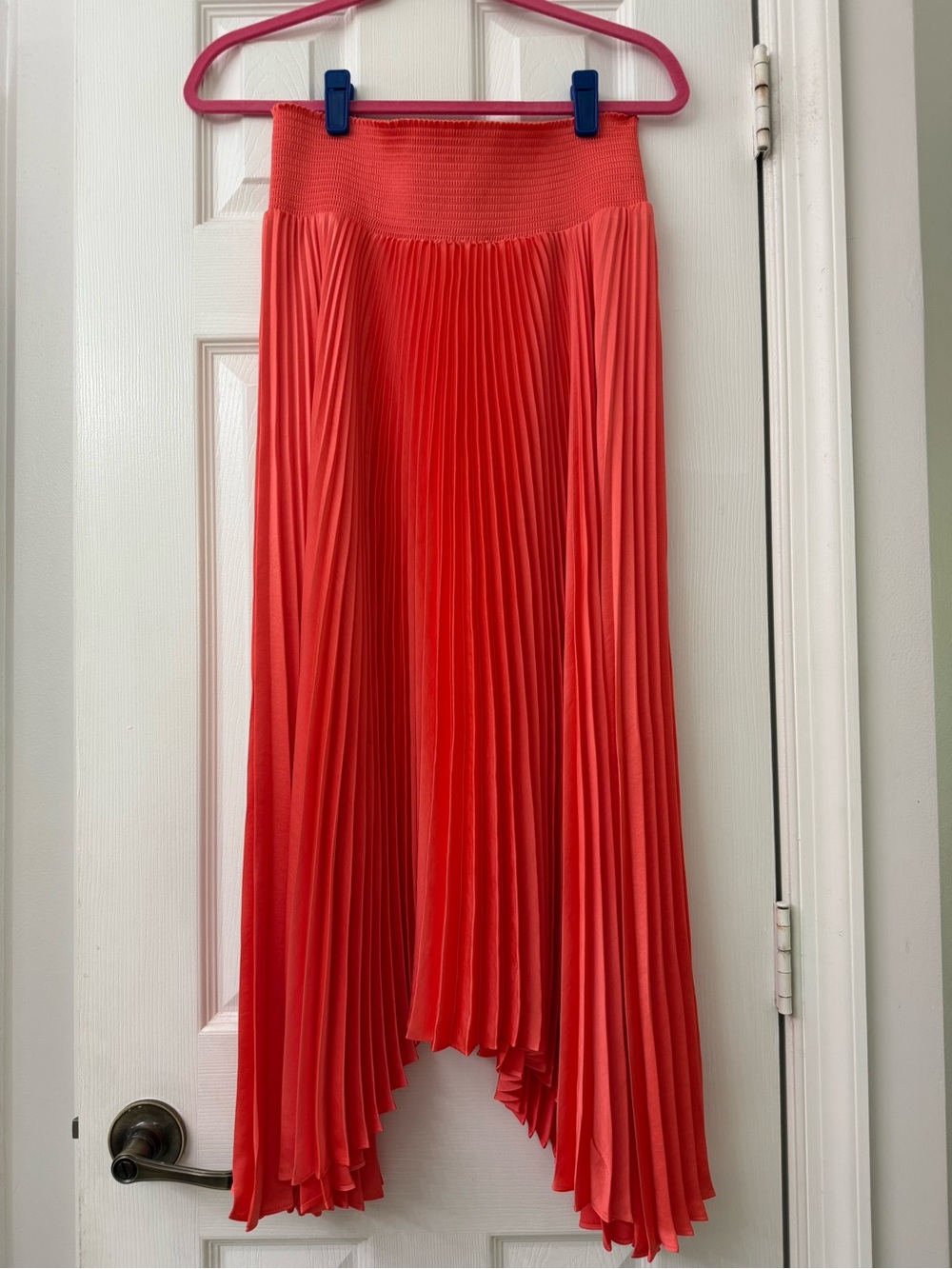 A.L.C. Asymmetrical Pleated Midi Skirt in Coral-Red